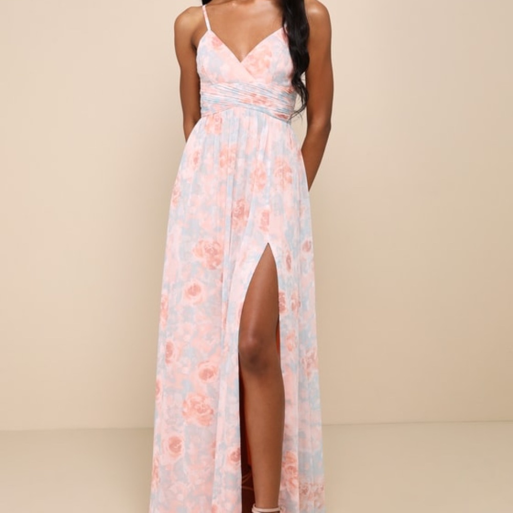 Lulus Exceptional Sweetness Peach Floral Chiffon Pleated Maxi Dress Pink